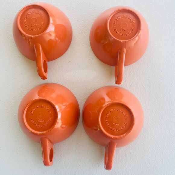 Laguna MelMac #308 Orange Set of 4 Tea Cups 3.75" dia 2" tall Vintage 60s - Picture 3 of 15